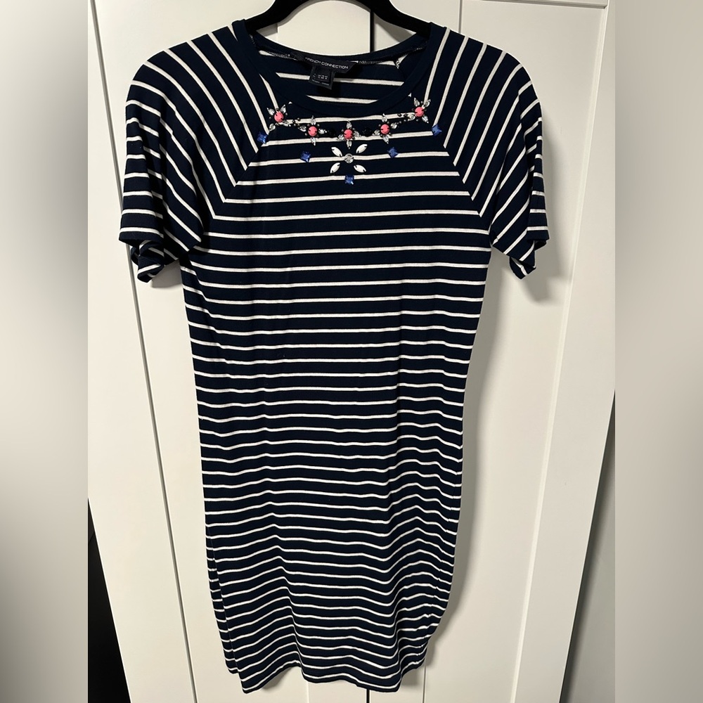French Connection Navy and White Striped Midi Dress with Beaded Neckline